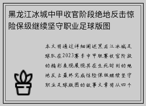 黑龙江冰城中甲收官阶段绝地反击惊险保级继续坚守职业足球版图 黑龙江冰城中甲收官阶段绝地反击惊险保级继续坚守职业足球版图