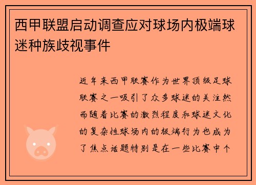 西甲联盟启动调查应对球场内极端球迷种族歧视事件 西甲联盟启动调查应对球场内极端球迷种族歧视事件